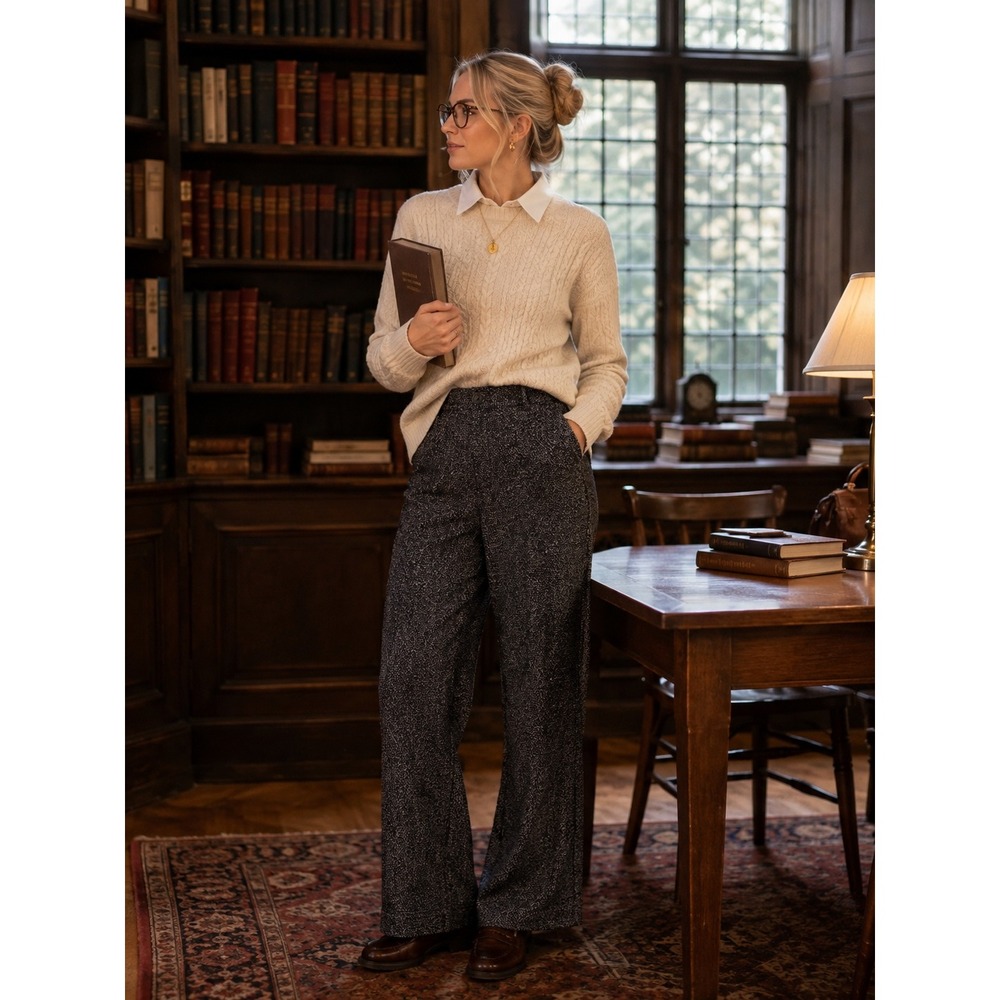 NY & Company Women Wide Leg Trousers Black White Marled Knit Small Academia Fall